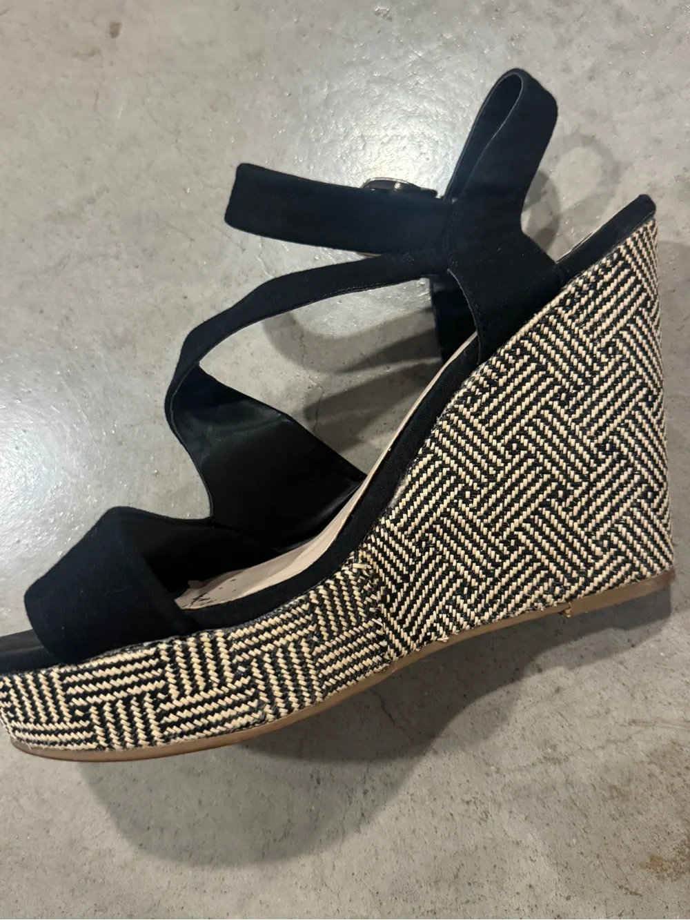 Black Wedge Sandals with Patterned Platform - Women's Ankle Strap
